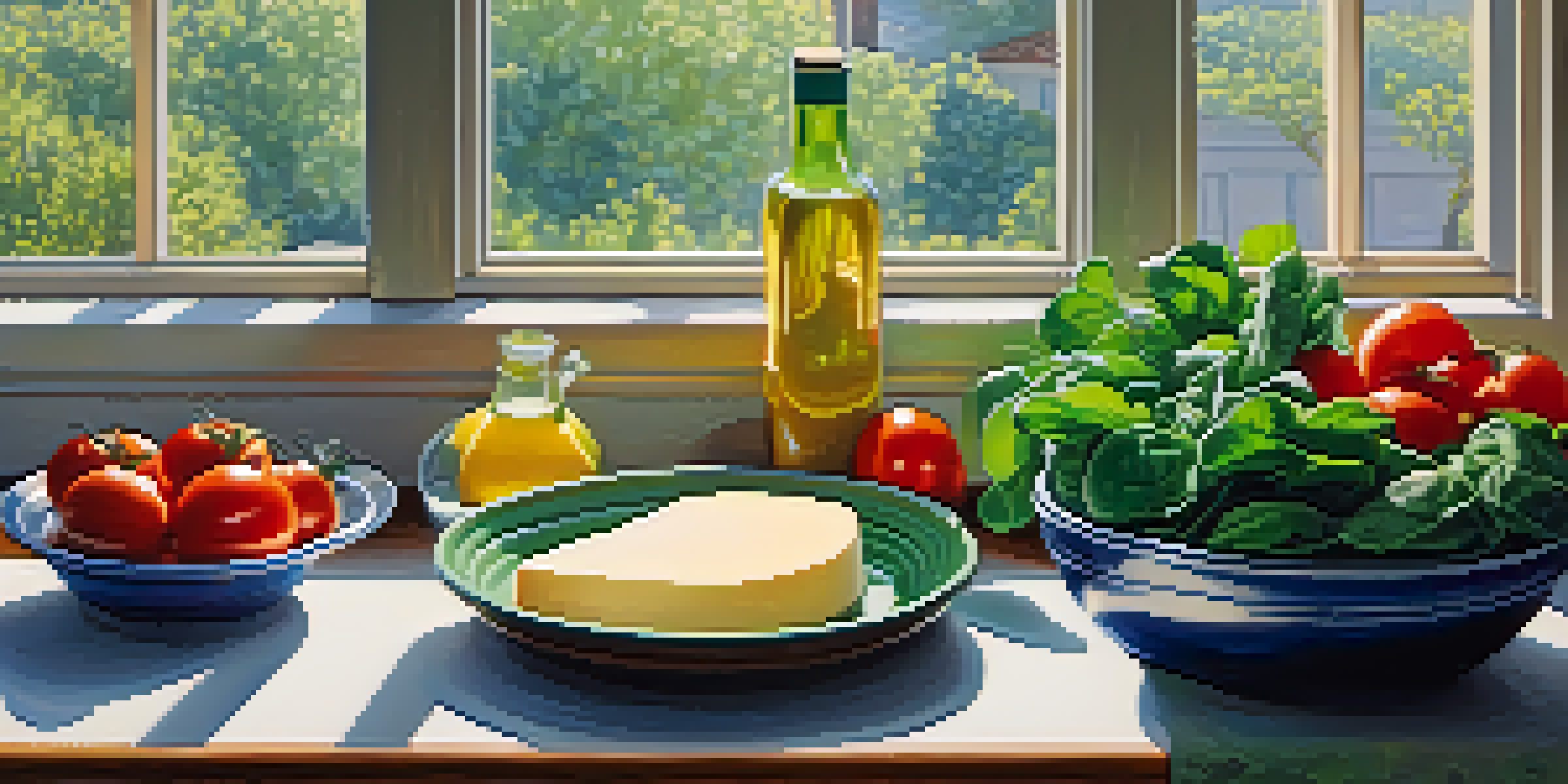 A wooden kitchen countertop displaying five fresh cooking ingredients: spinach, tomatoes, cheese, eggs, and olive oil with soft natural lighting.