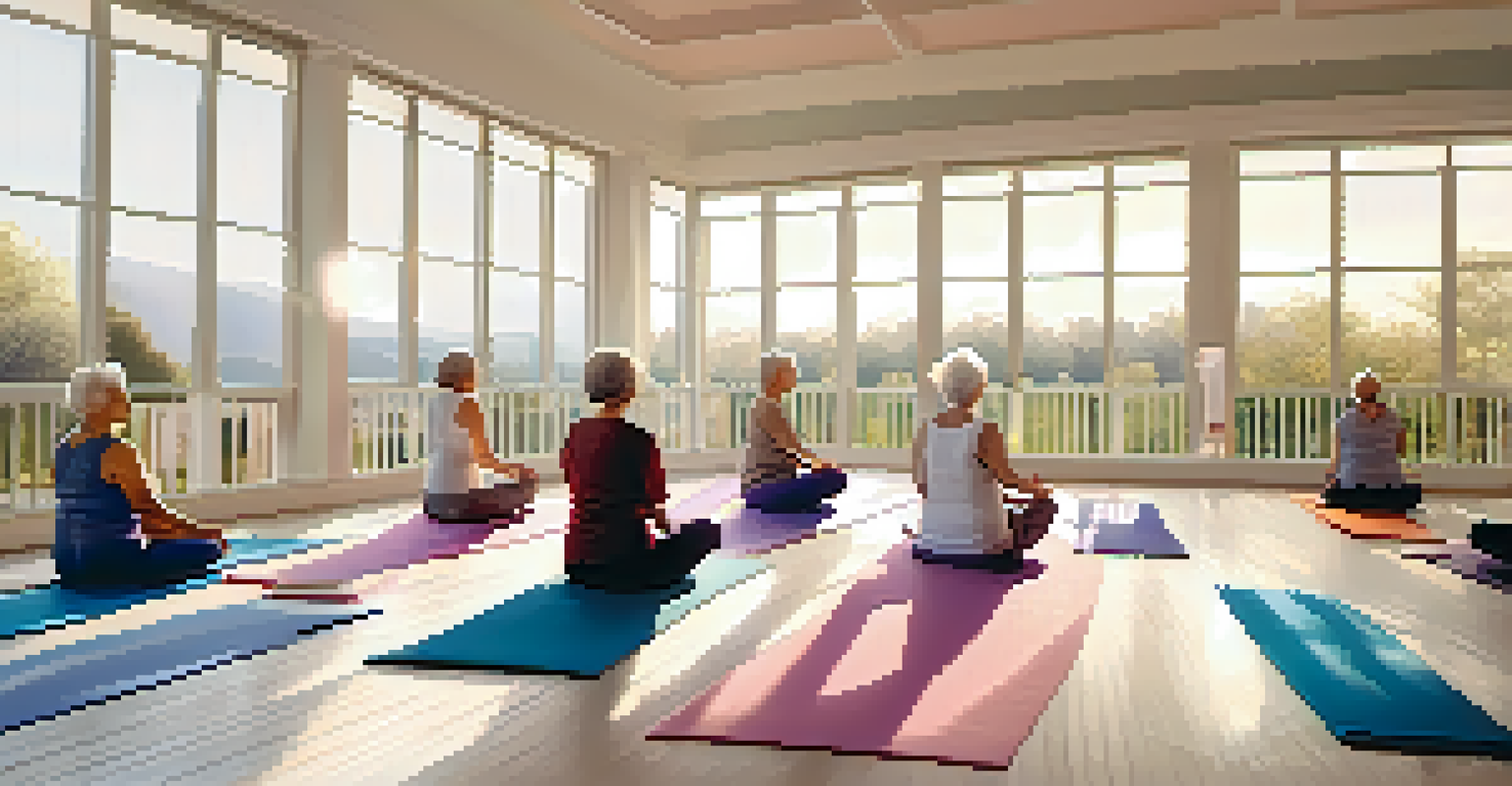Seniors practicing yoga in a sunlit studio, showcasing calm and peaceful expressions.
