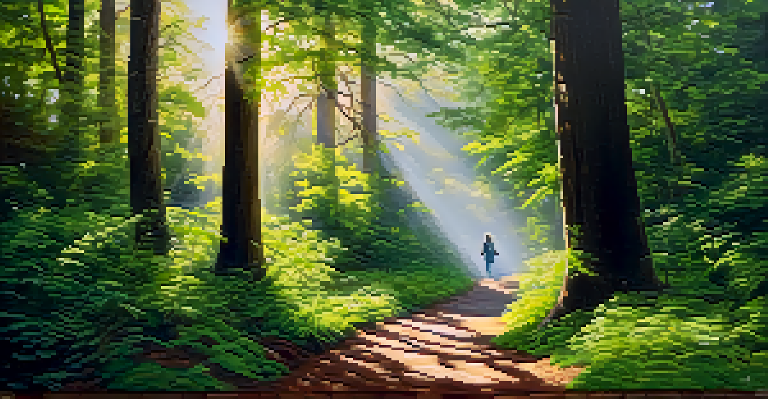 A person walking on a forest path, surrounded by lush greenery and sunlight filtering through the trees.