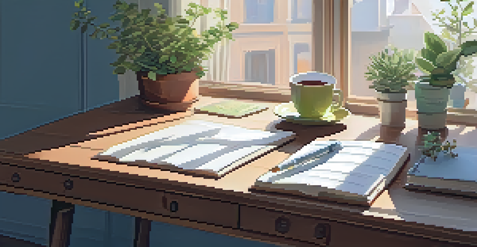 A cozy workspace with a journal, tea, and a plant, illuminated by natural light.