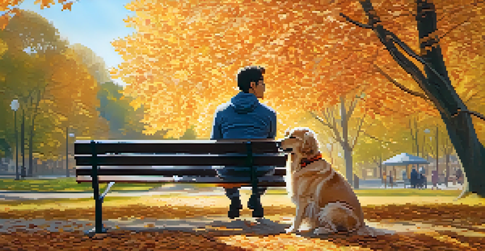 A person sitting on a bench with a golden retriever, surrounded by colorful autumn leaves under warm sunlight.