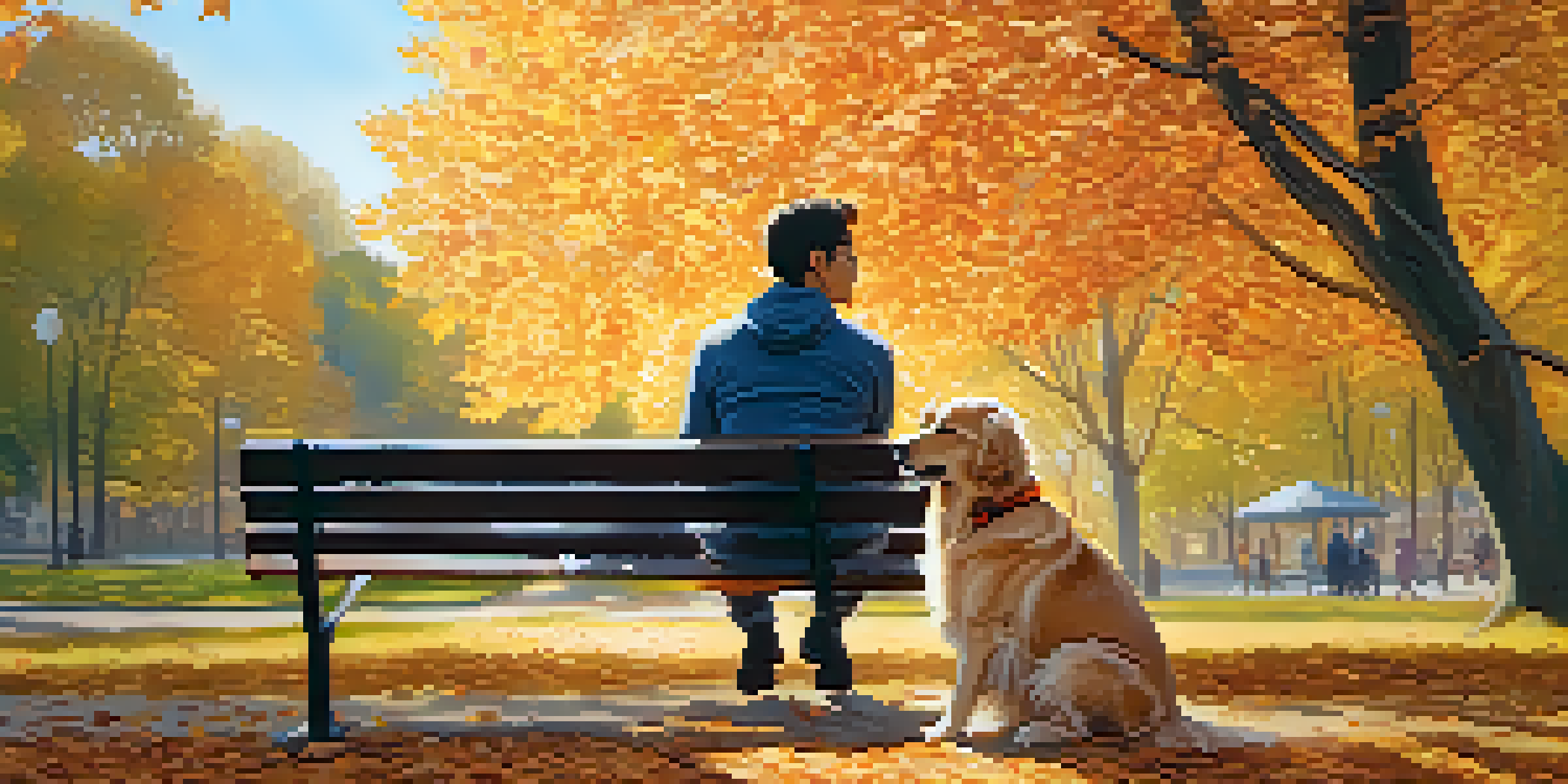 A person sitting on a bench with a golden retriever, surrounded by colorful autumn leaves under warm sunlight.