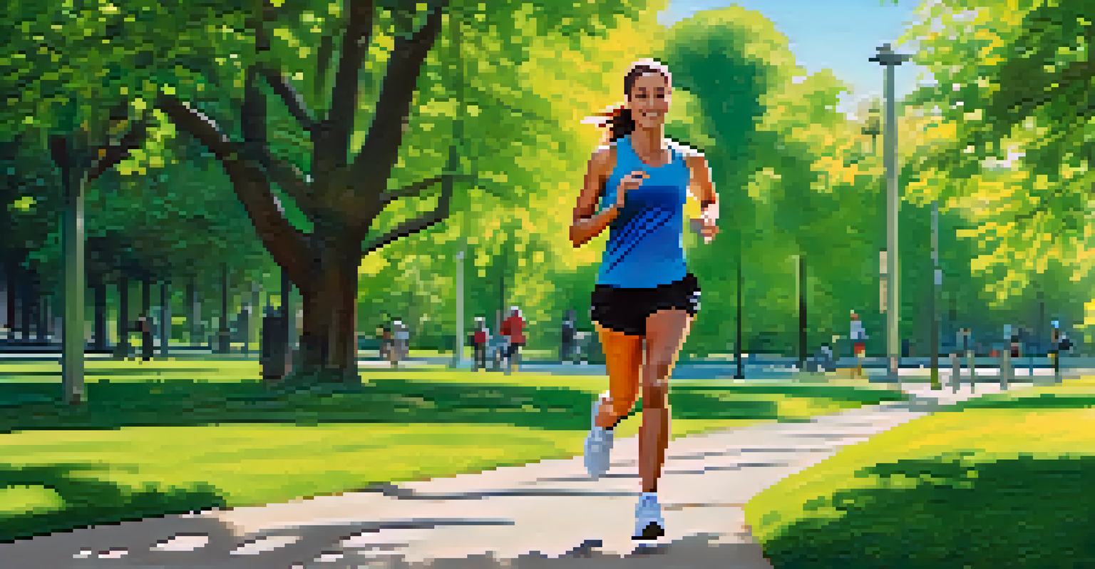 A person jogging in a park with a smartwatch showing a fitness app, surrounded by greenery and a clear sky.