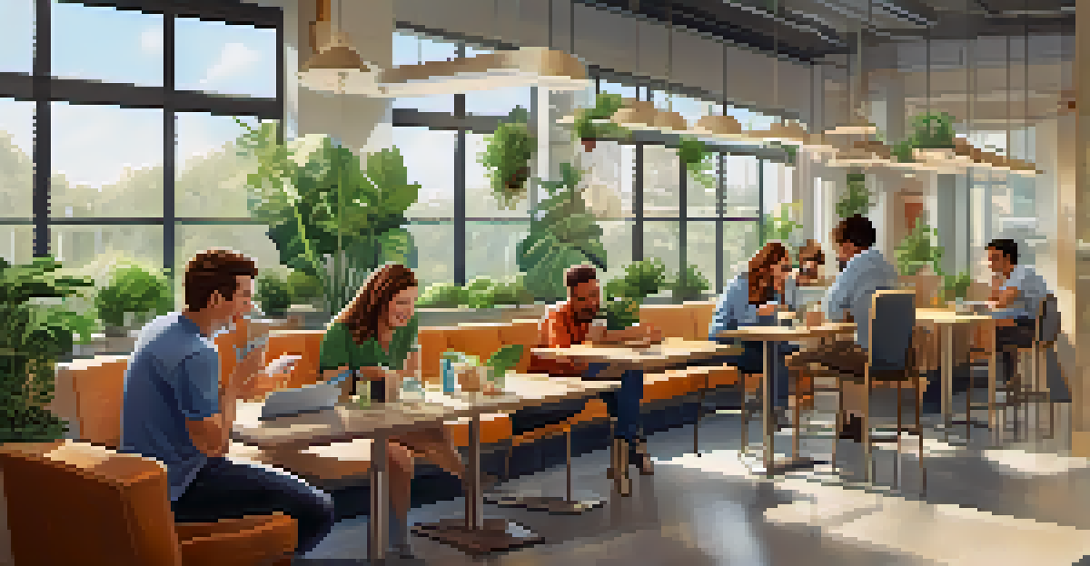 Employees in a cozy break room, laughing together while one person shows a funny meme on a smartphone.