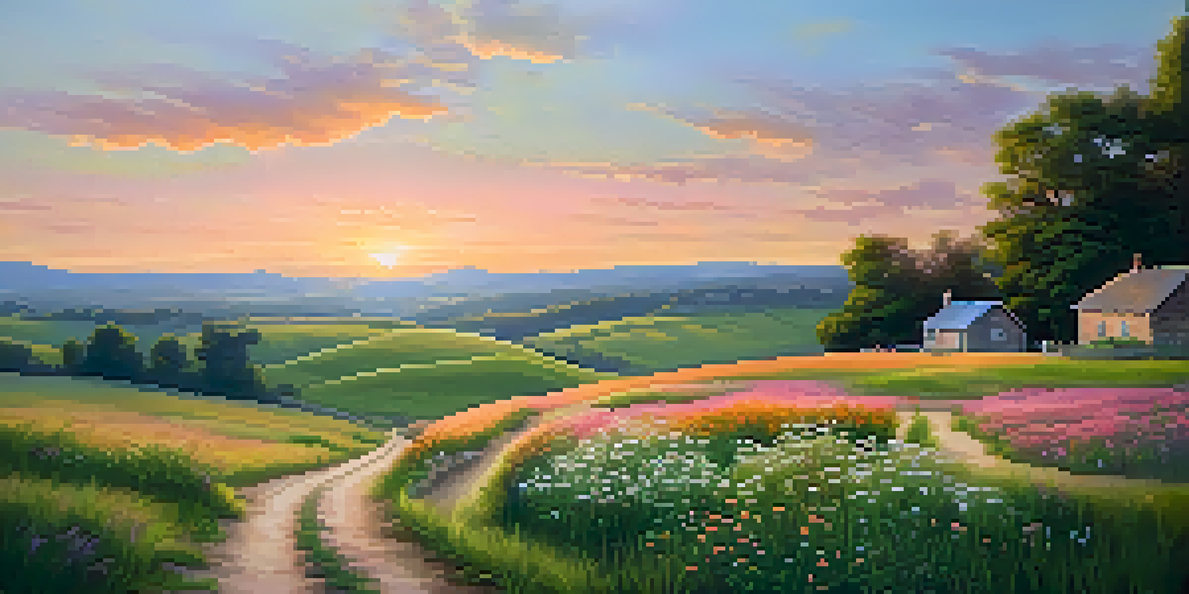 A tranquil rural landscape with a green field, wildflowers, a dirt path, and a cottage under a sunset sky with orange and pink hues.