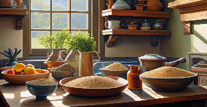 A rustic kitchen table with various whole grains, sunlight illuminating the grains, surrounded by herbs and fruits.