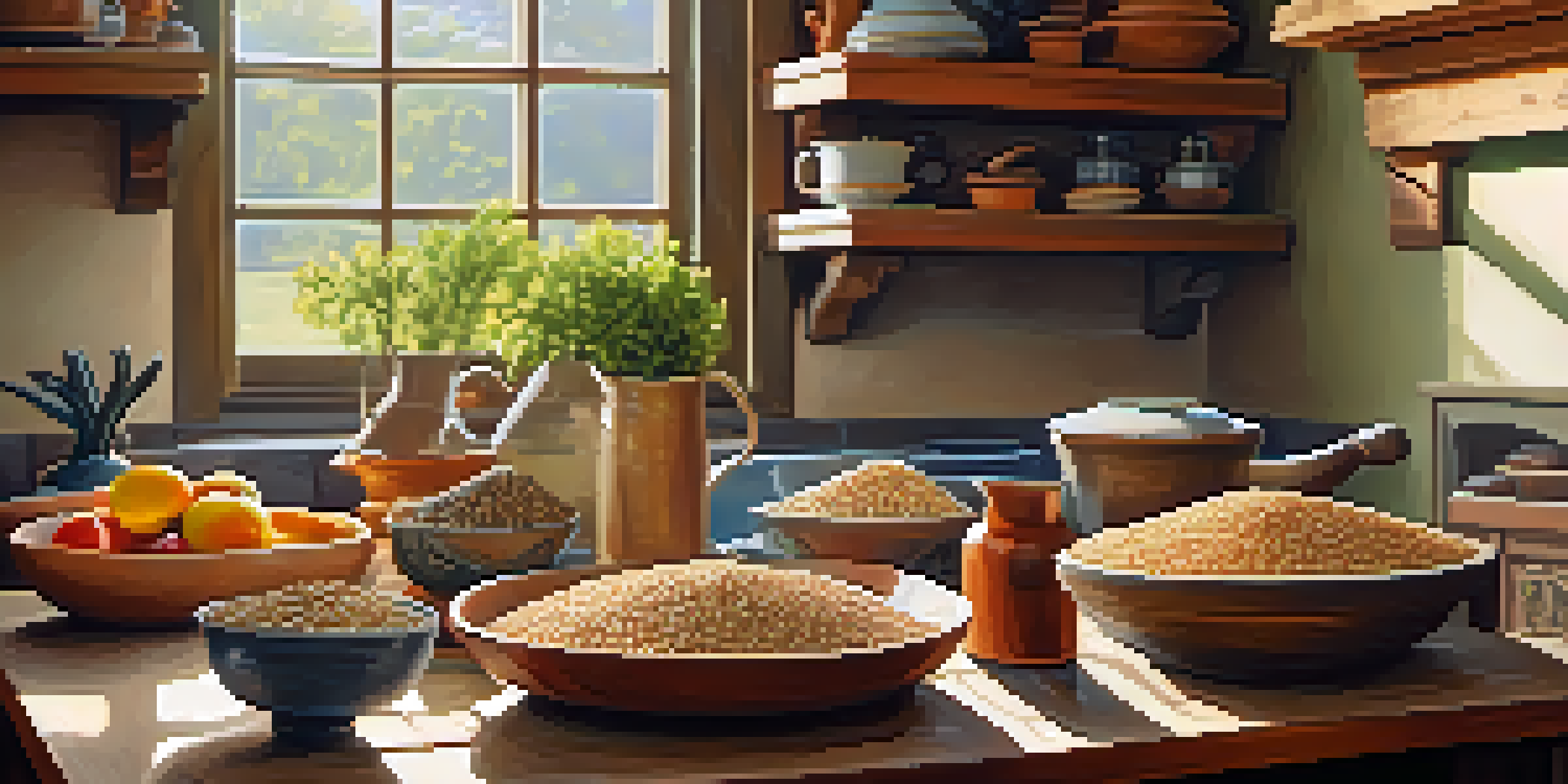 A rustic kitchen table with various whole grains, sunlight illuminating the grains, surrounded by herbs and fruits.