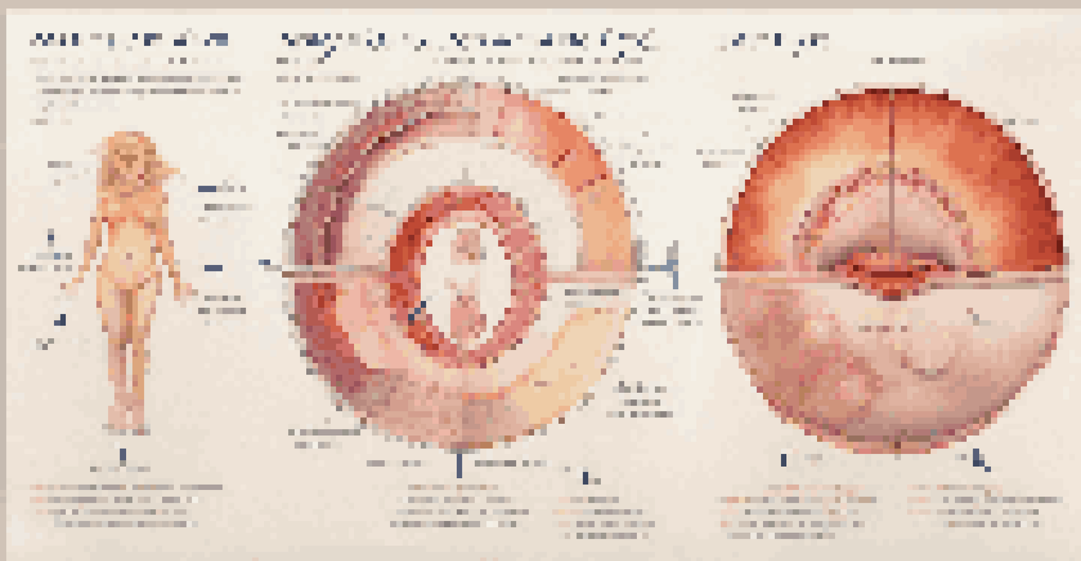 Illustration of the menstrual cycle stages showing changes in uterine lining thickness with labeled sections.