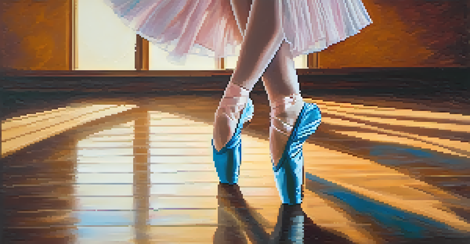 Close-up of a dancer's feet in colorful ballet shoes moving gracefully across a textured wooden floor.
