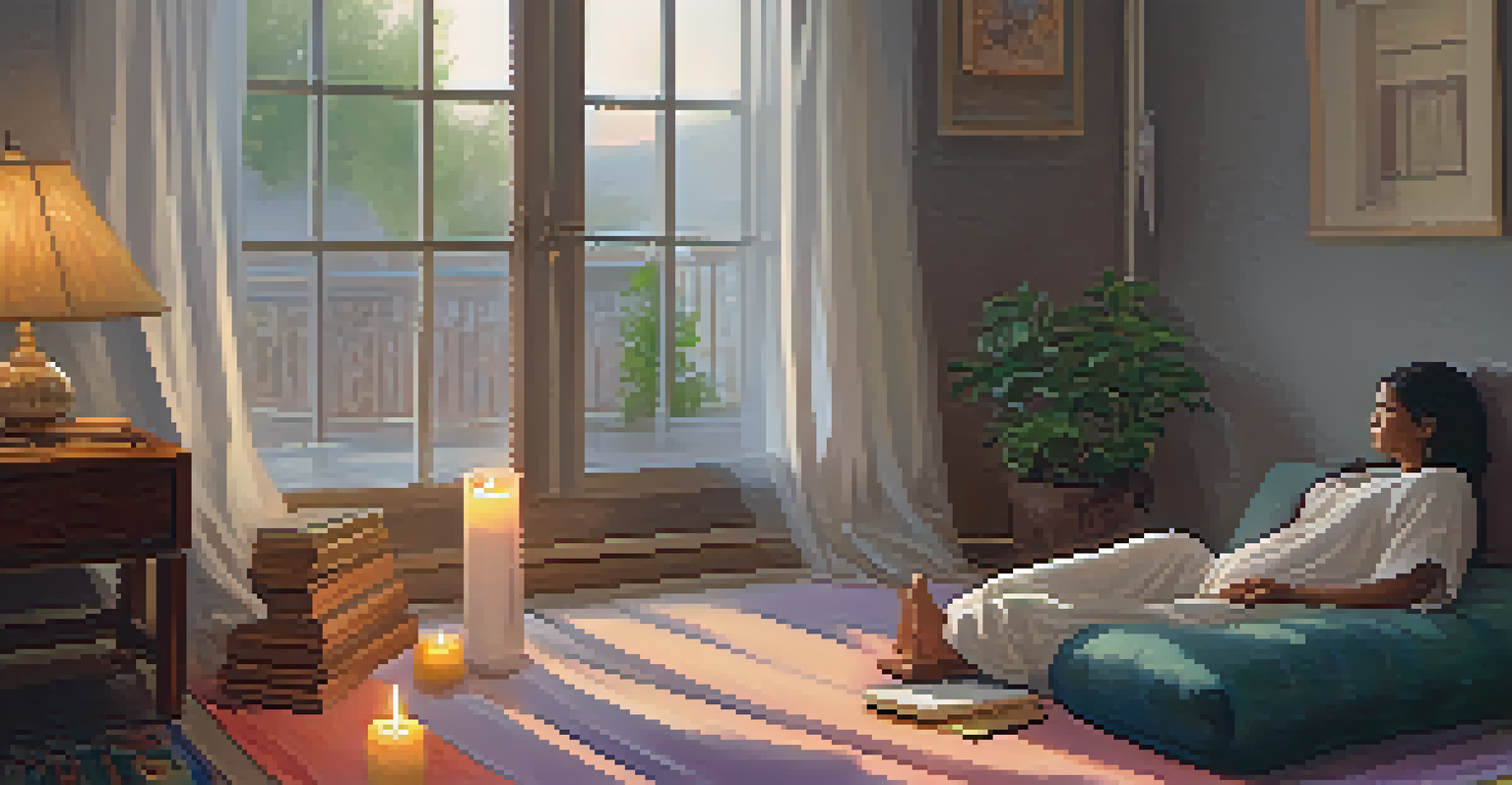 A person meditating in a cozy corner filled with soft lighting, cushions, and candles, creating a relaxing environment.