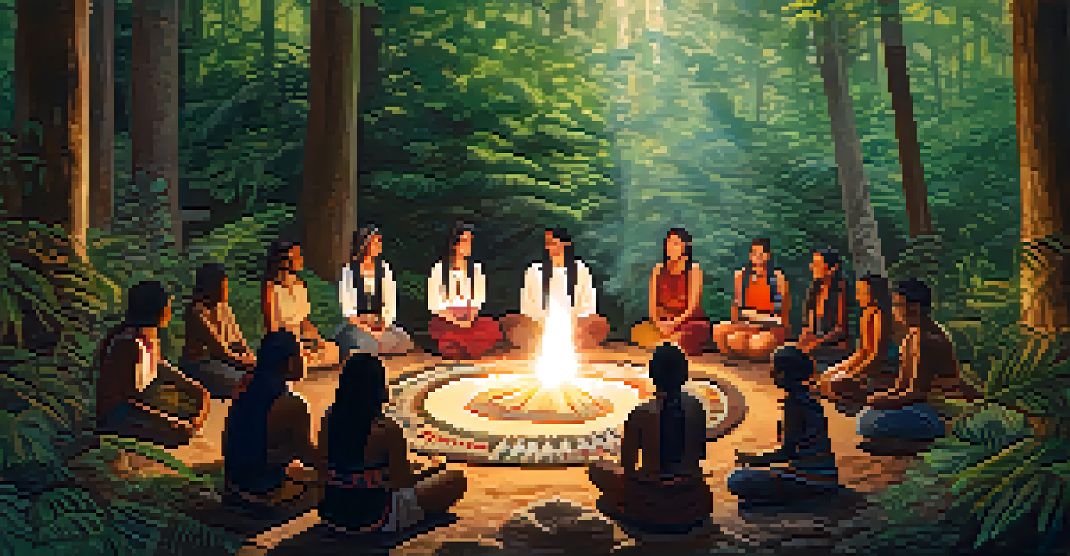 A peaceful gathering of diverse individuals in a healing circle in a forest, participating in a traditional ceremony with natural elements.