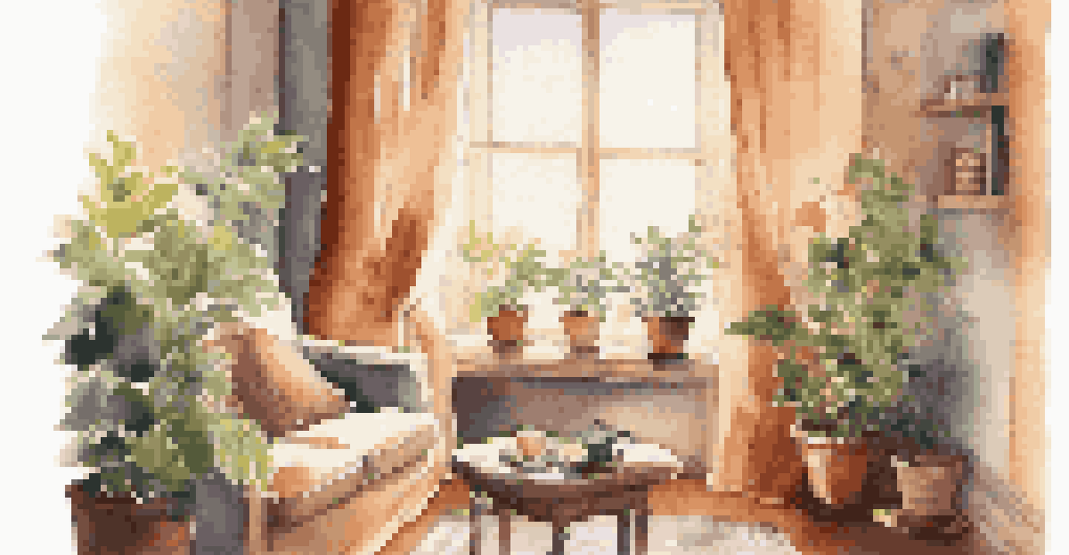 A person reading by the window in a cozy living room, with sunlight filtering through curtains and a cup of tea on the table.
