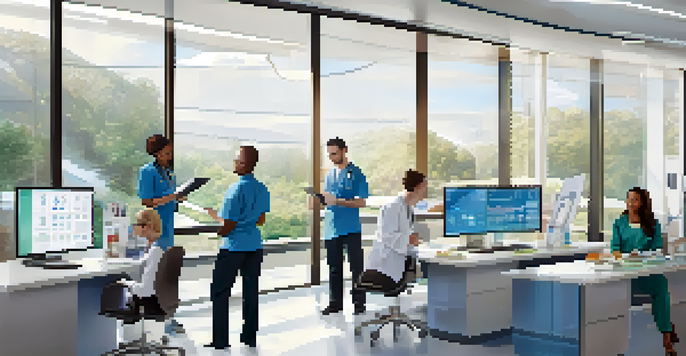 A diverse group of healthcare professionals working together in a bright office, examining a digital tablet with patient information.