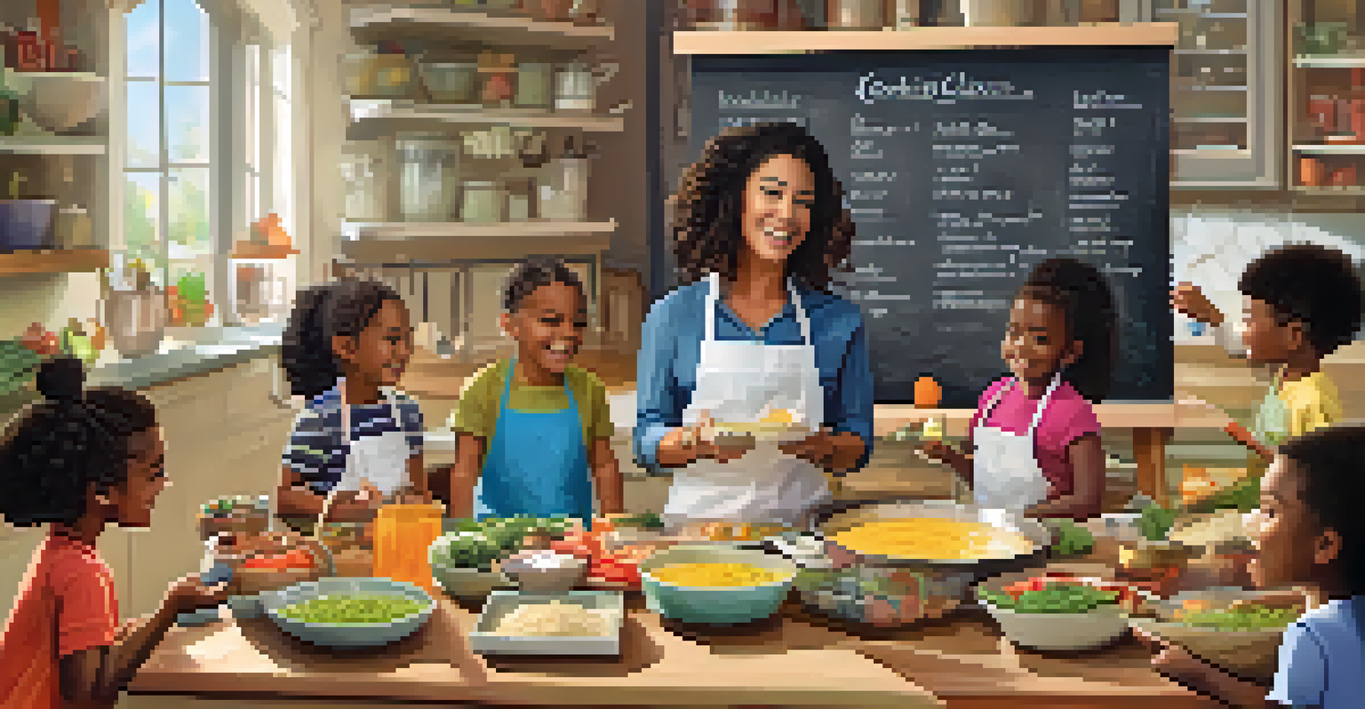 A cheerful cooking instructor guiding kids in a cooking class, with colorful ingredients and educational posters in the background.