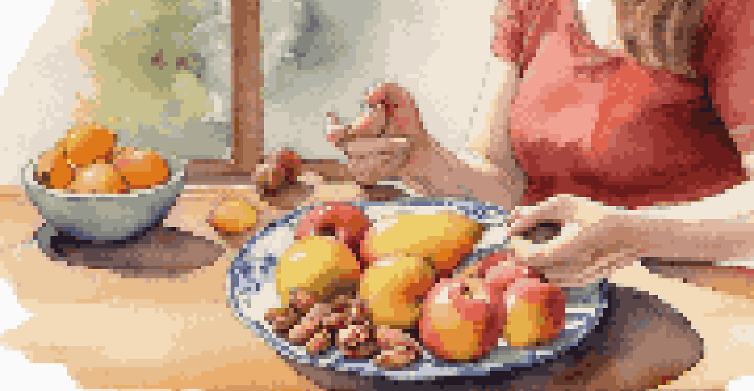 A close-up of a person about to eat fresh fruit, focusing on mindful eating in a warm kitchen.