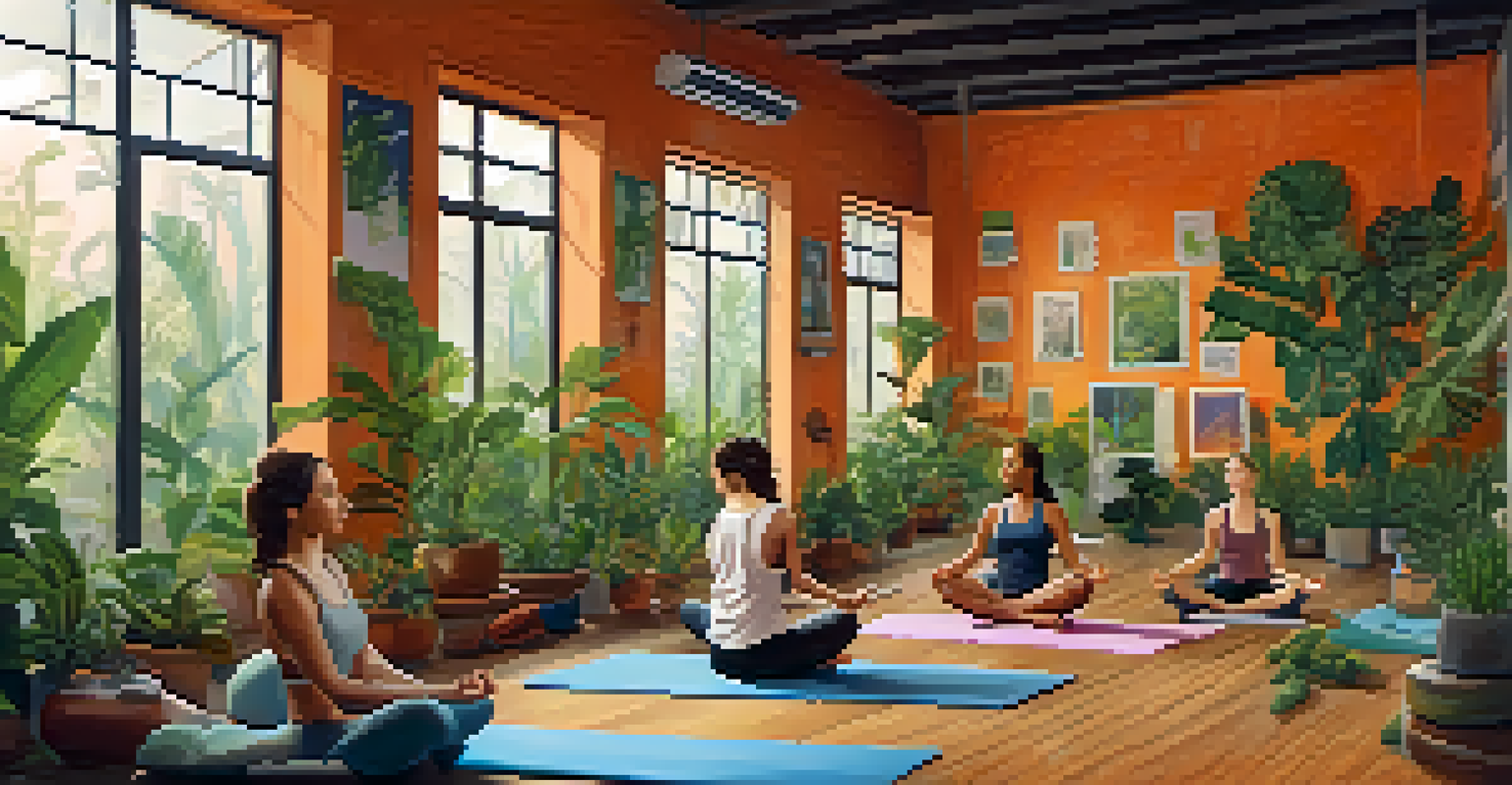 A group of diverse travelers participating in a yoga session in a hostel common area, surrounded by greenery and colorful decorations, showcasing community and health.