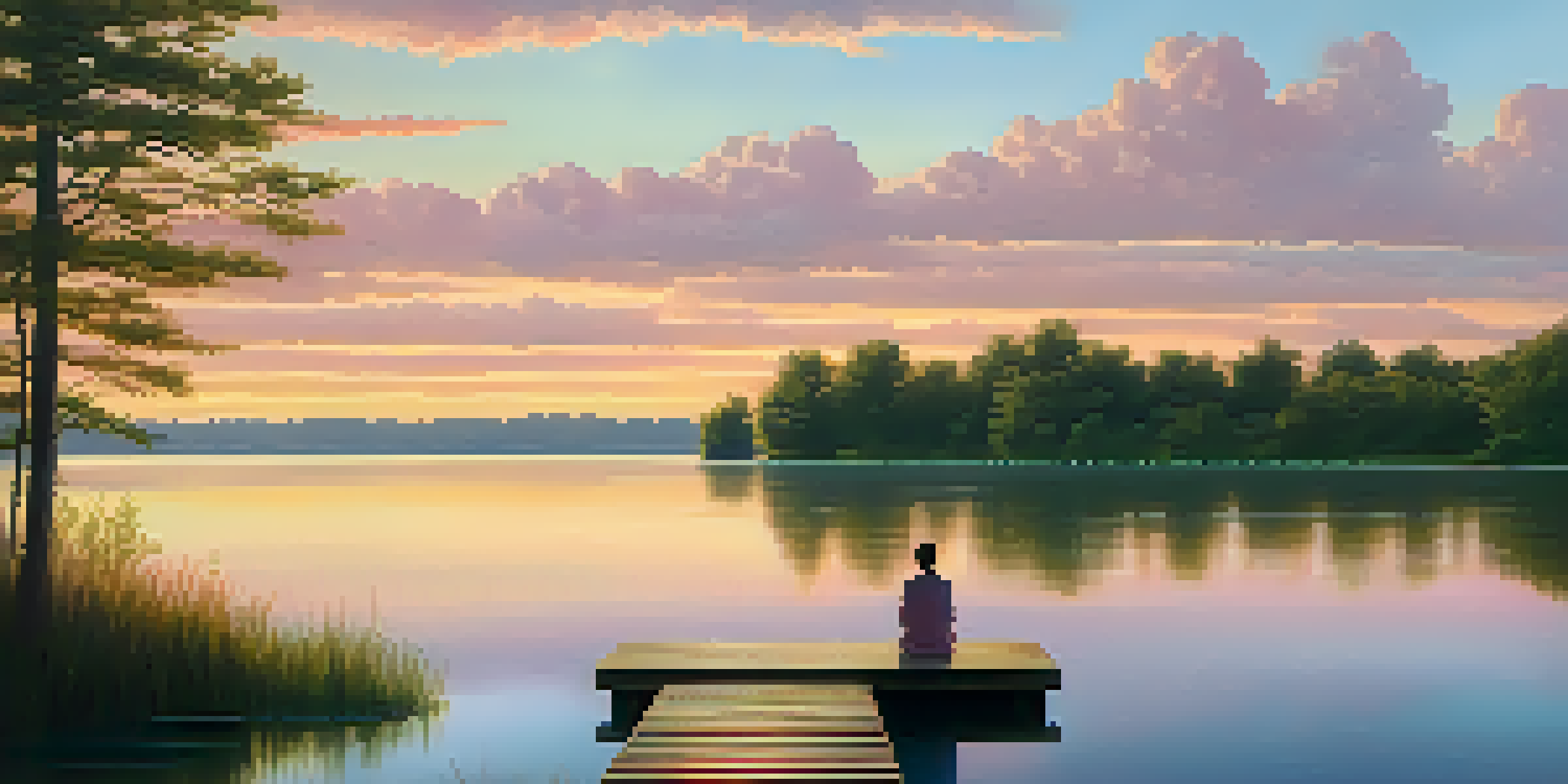 A peaceful sunset scene at a lake, featuring a person sitting on a dock, surrounded by trees and colorful reflections in the water.