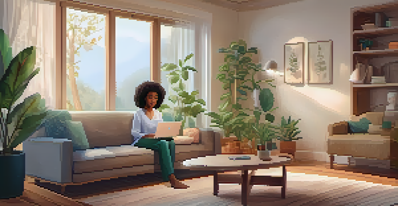 A woman engaged in a telehealth consultation at home, sitting comfortably on her couch with a laptop.