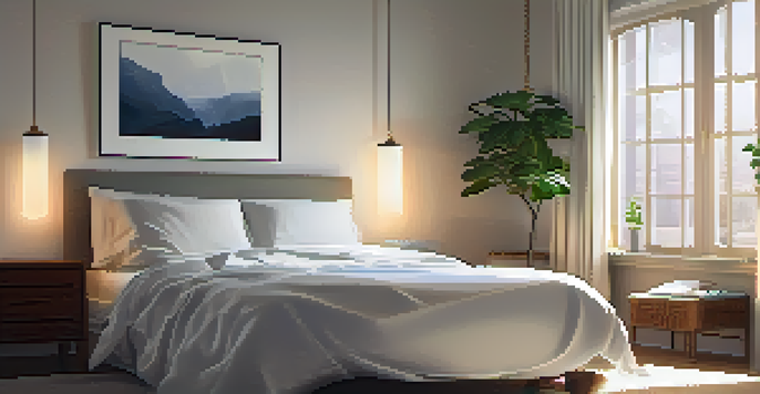 A cozy bedroom with a bed, blackout curtains, a bedside table with a plant, an open book, and a glass of water, all lit by soft ambient lighting.