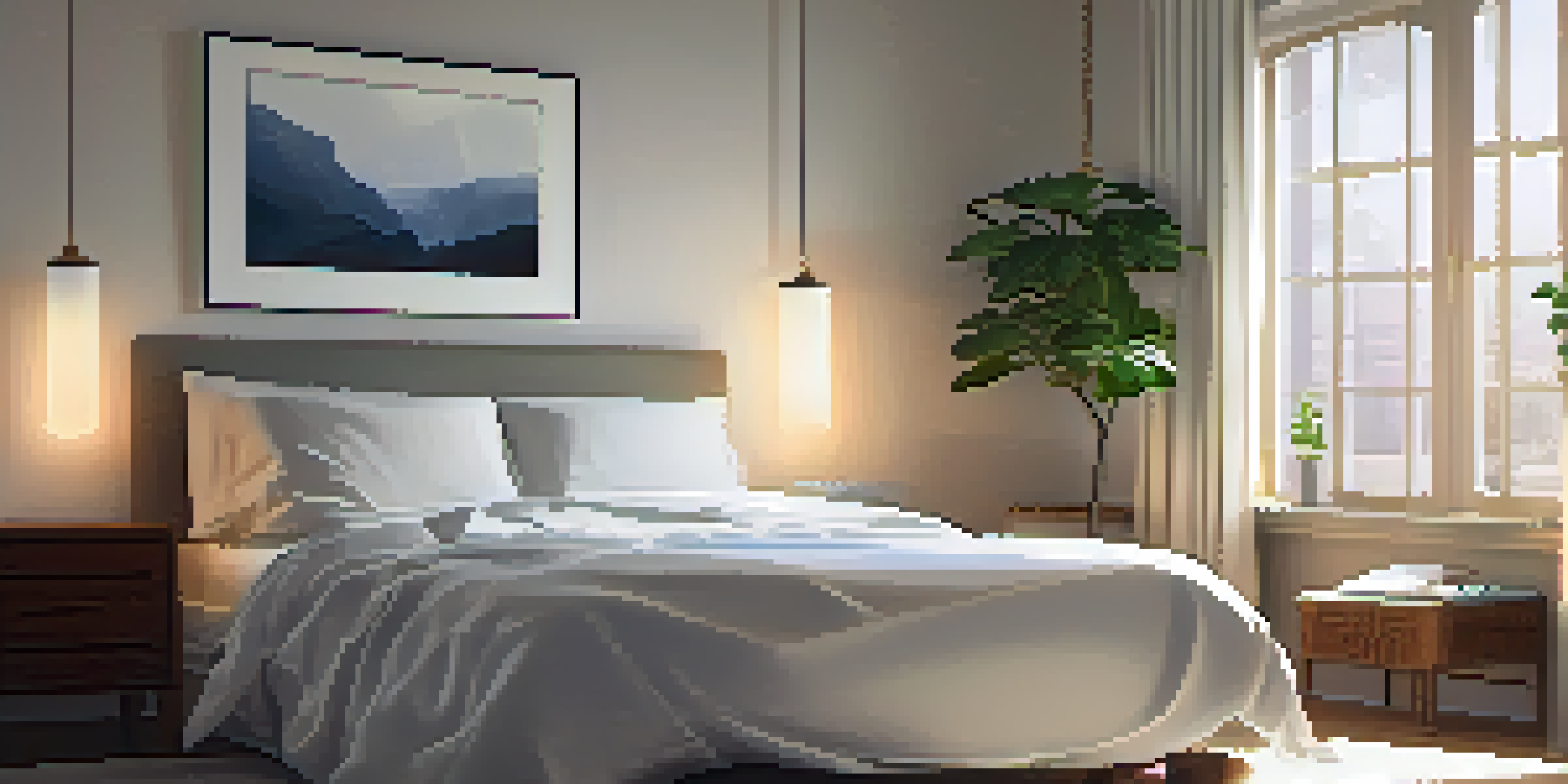 A cozy bedroom with a bed, blackout curtains, a bedside table with a plant, an open book, and a glass of water, all lit by soft ambient lighting.