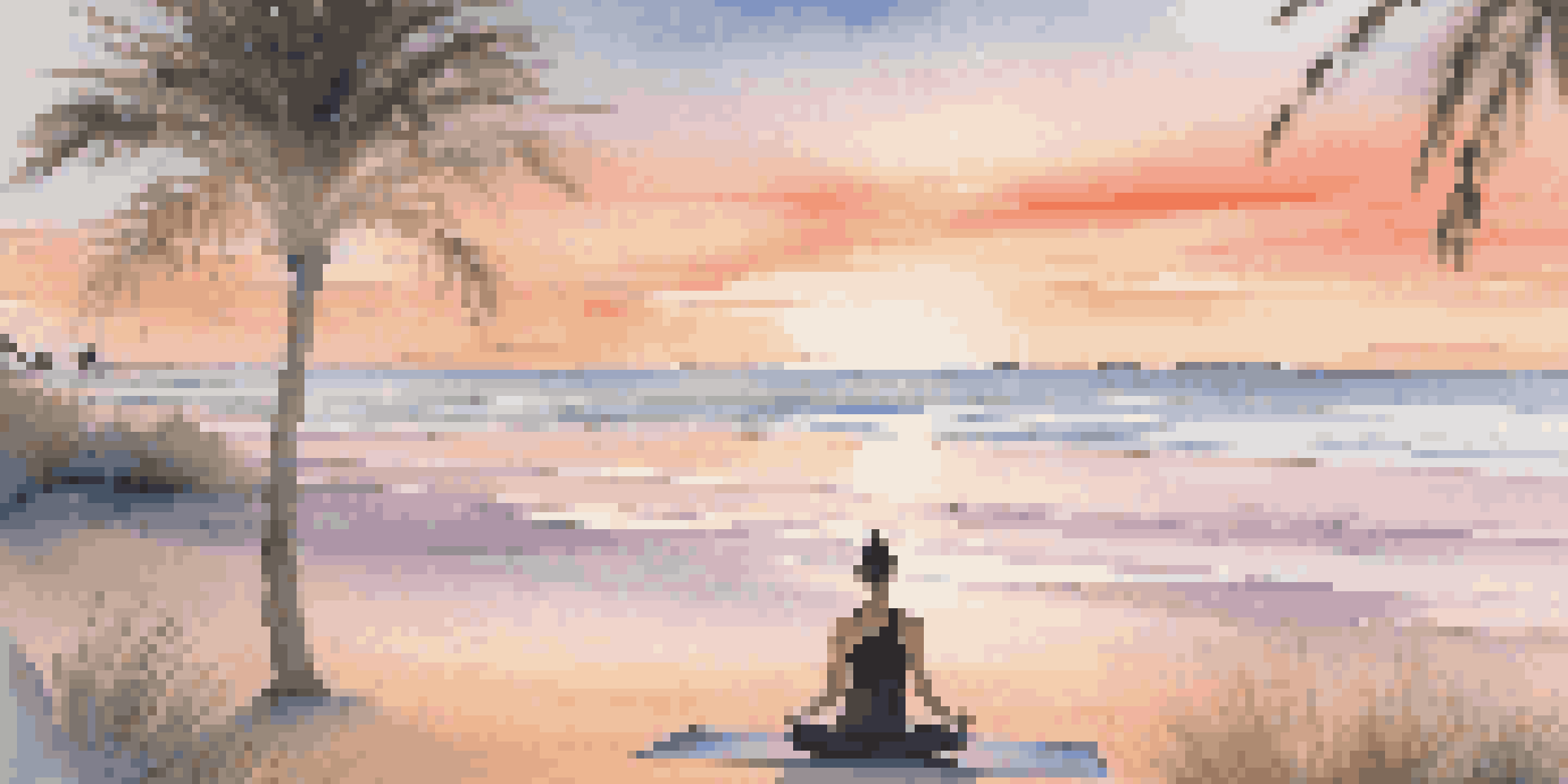 A tranquil beach at sunrise with a person meditating on a yoga mat, surrounded by palm trees.