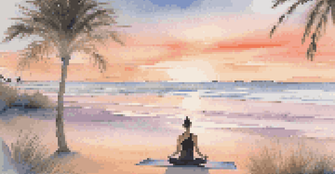 A tranquil beach at sunrise with a person meditating on a yoga mat, surrounded by palm trees.