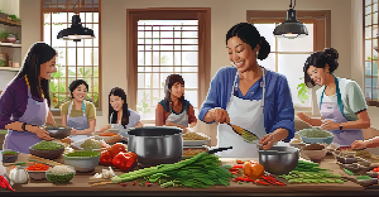 A cooking class with participants learning to make a Thai curry, led by a smiling instructor in a cozy kitchen.