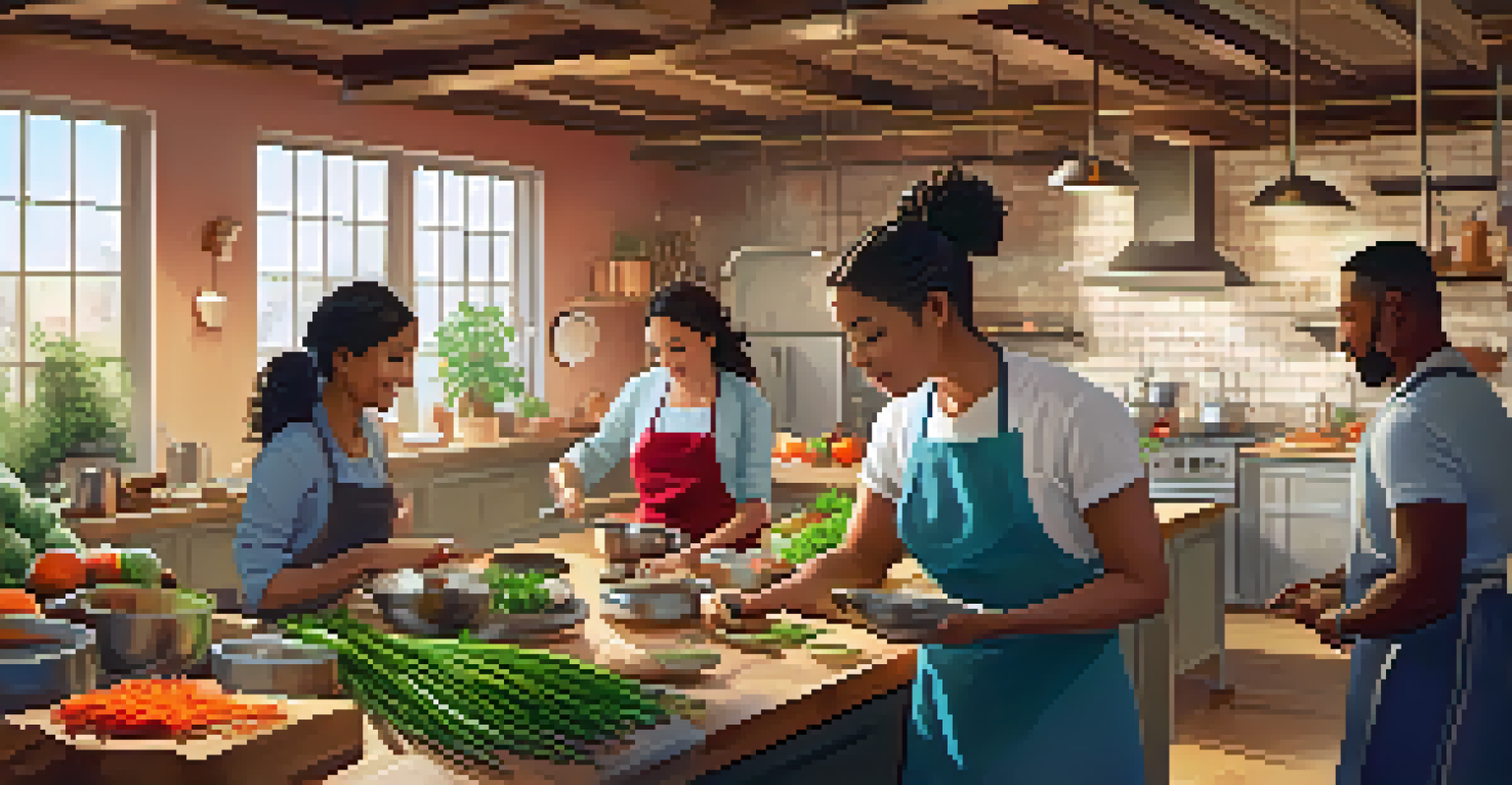 A cooking class with a diverse group of participants learning to prepare healthy meals in a warm kitchen setting.