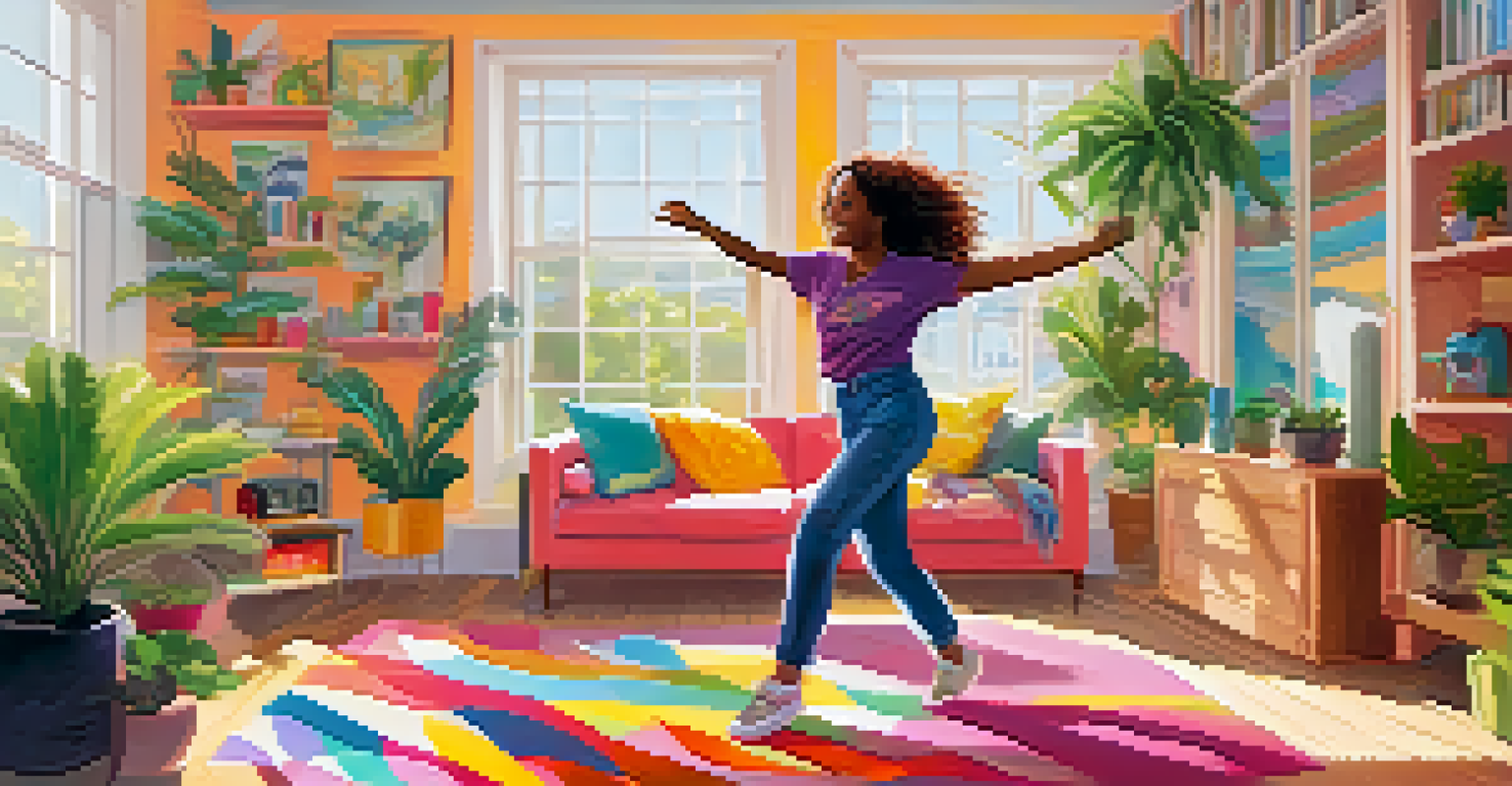 An individual joyfully dancing in a vibrant living room filled with colorful decorations and plants.