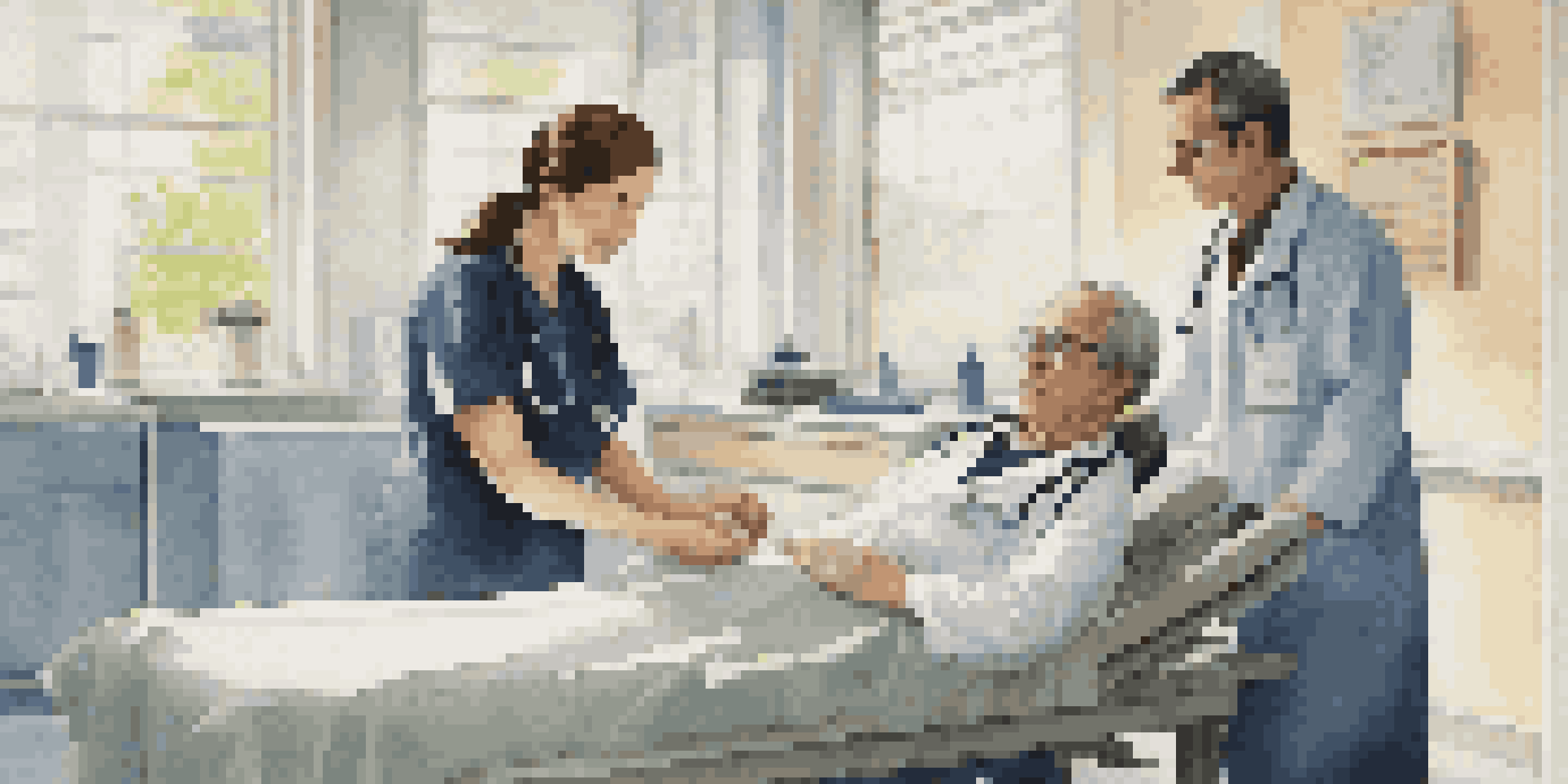 A doctor examining a patient in a bright examination room, showcasing a caring healthcare environment.
