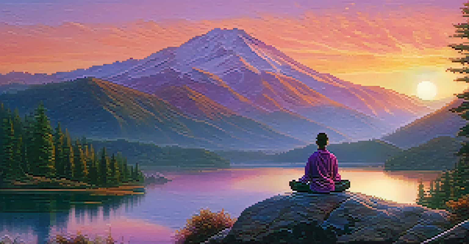 A person meditating on a rock by a calm lake at sunrise, surrounded by mountains and a colorful sky.