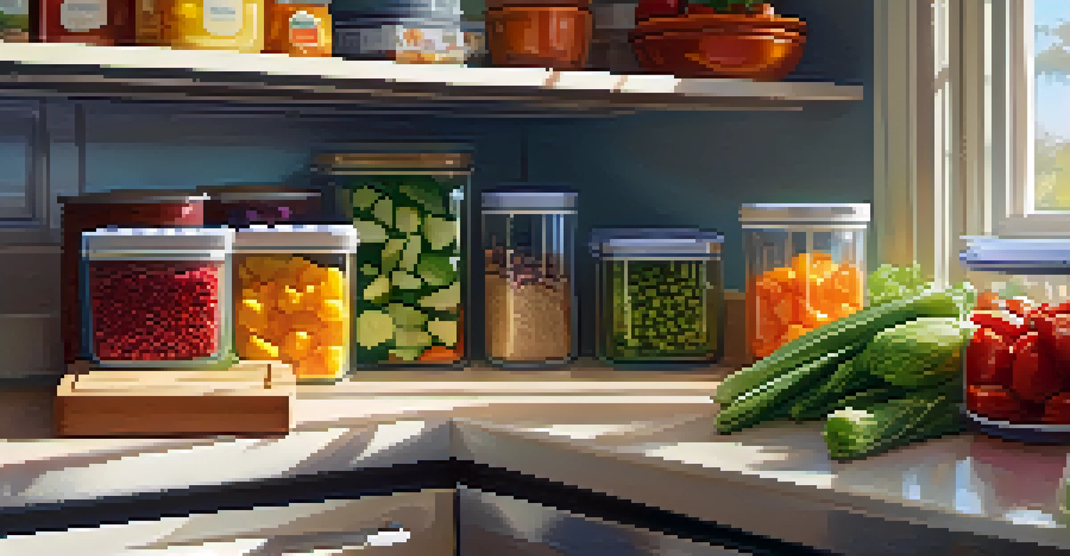 A bright kitchen with prepped ingredients in clear containers inside a refrigerator, with sunlight illuminating the scene.