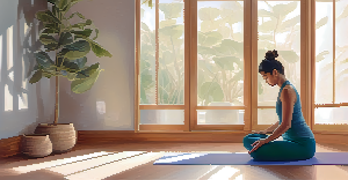 A person practicing yoga in a sunlit room, surrounded by plants and soft pastel colors, creating a tranquil atmosphere.
