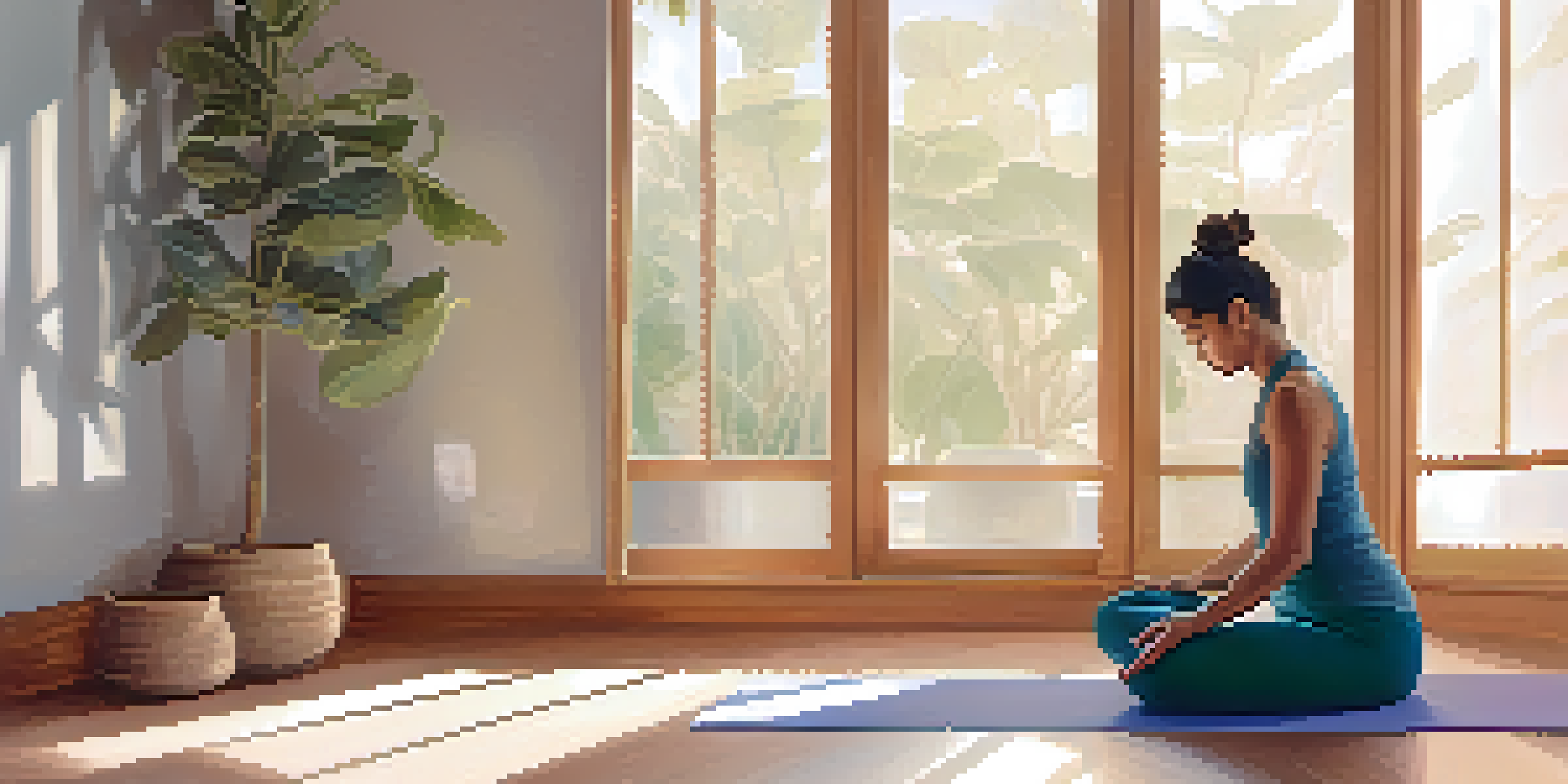 A person practicing yoga in a sunlit room, surrounded by plants and soft pastel colors, creating a tranquil atmosphere.