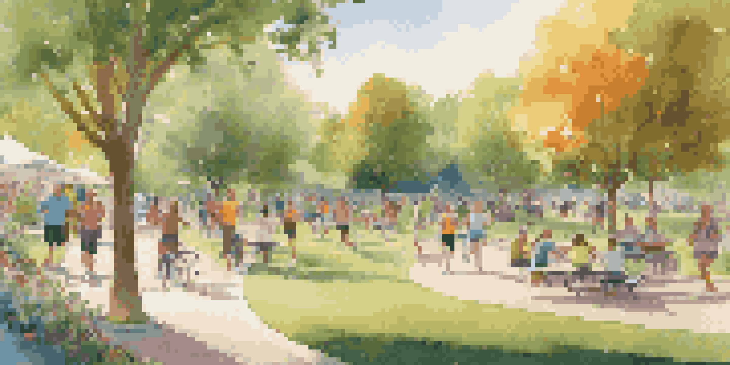 A lively park filled with diverse people jogging, doing yoga, and sharing healthy snacks in a sunlit environment with greenery and flowers around.