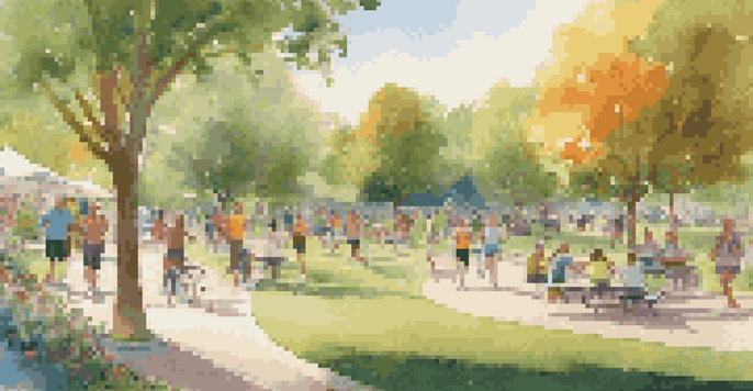 A lively park filled with diverse people jogging, doing yoga, and sharing healthy snacks in a sunlit environment with greenery and flowers around.