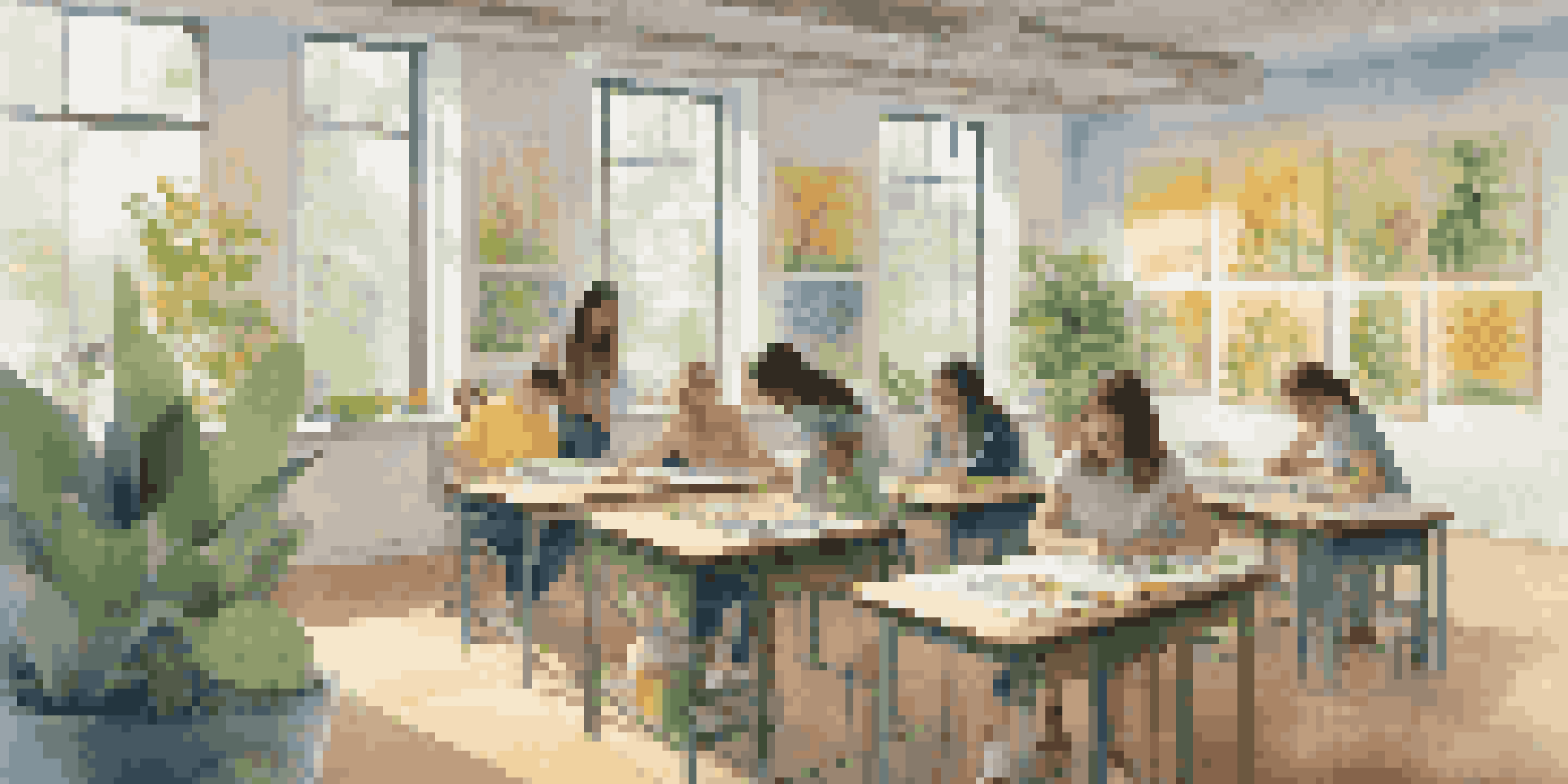 A bright and welcoming art classroom with students painting and sketching, surrounded by their artwork and plants.