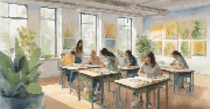 A bright and welcoming art classroom with students painting and sketching, surrounded by their artwork and plants.