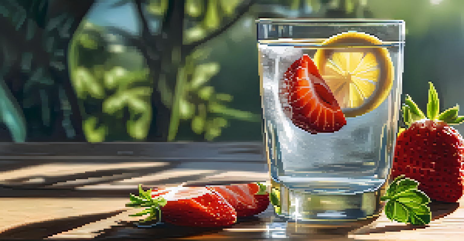 A clear glass of water with lemon and strawberry slices, sparkling in the sunlight on a wooden table.