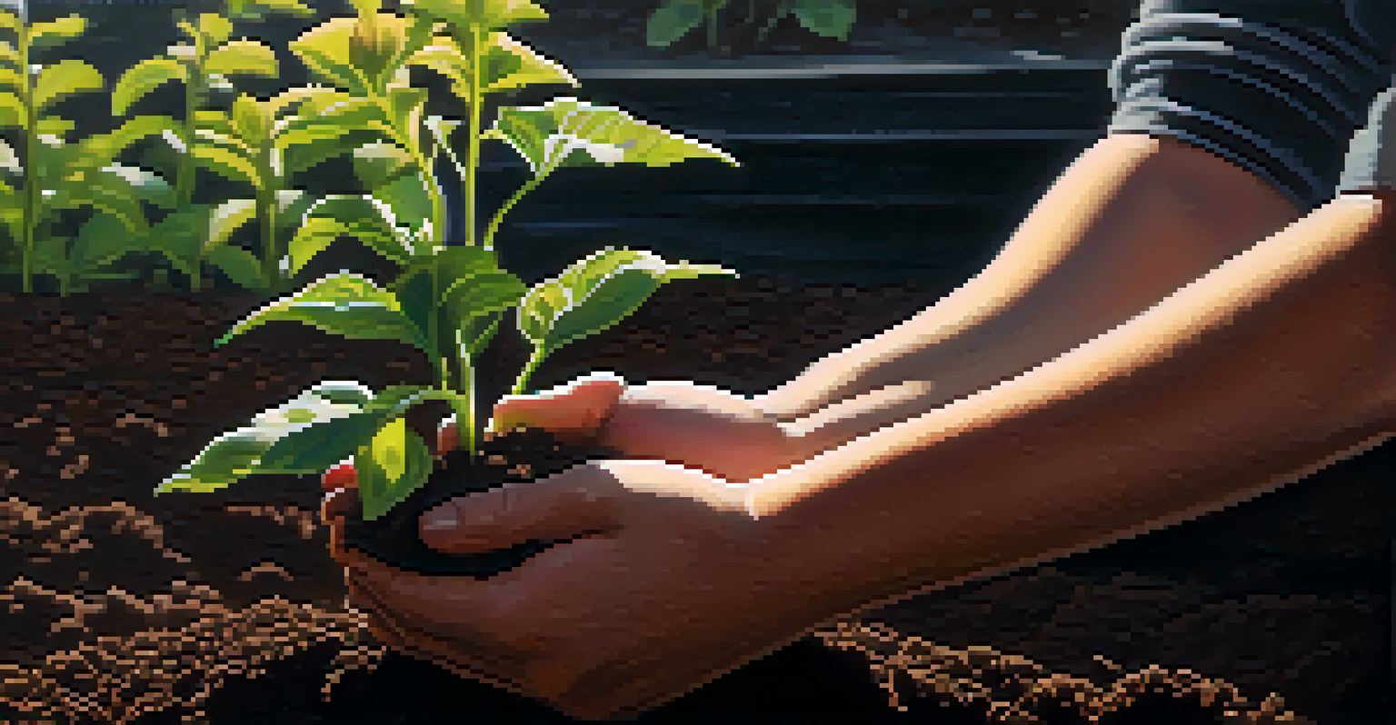 Close-up of a young person's hands planting a seedling in dark soil, with a blurred background of greenery and flowers in sunlight.