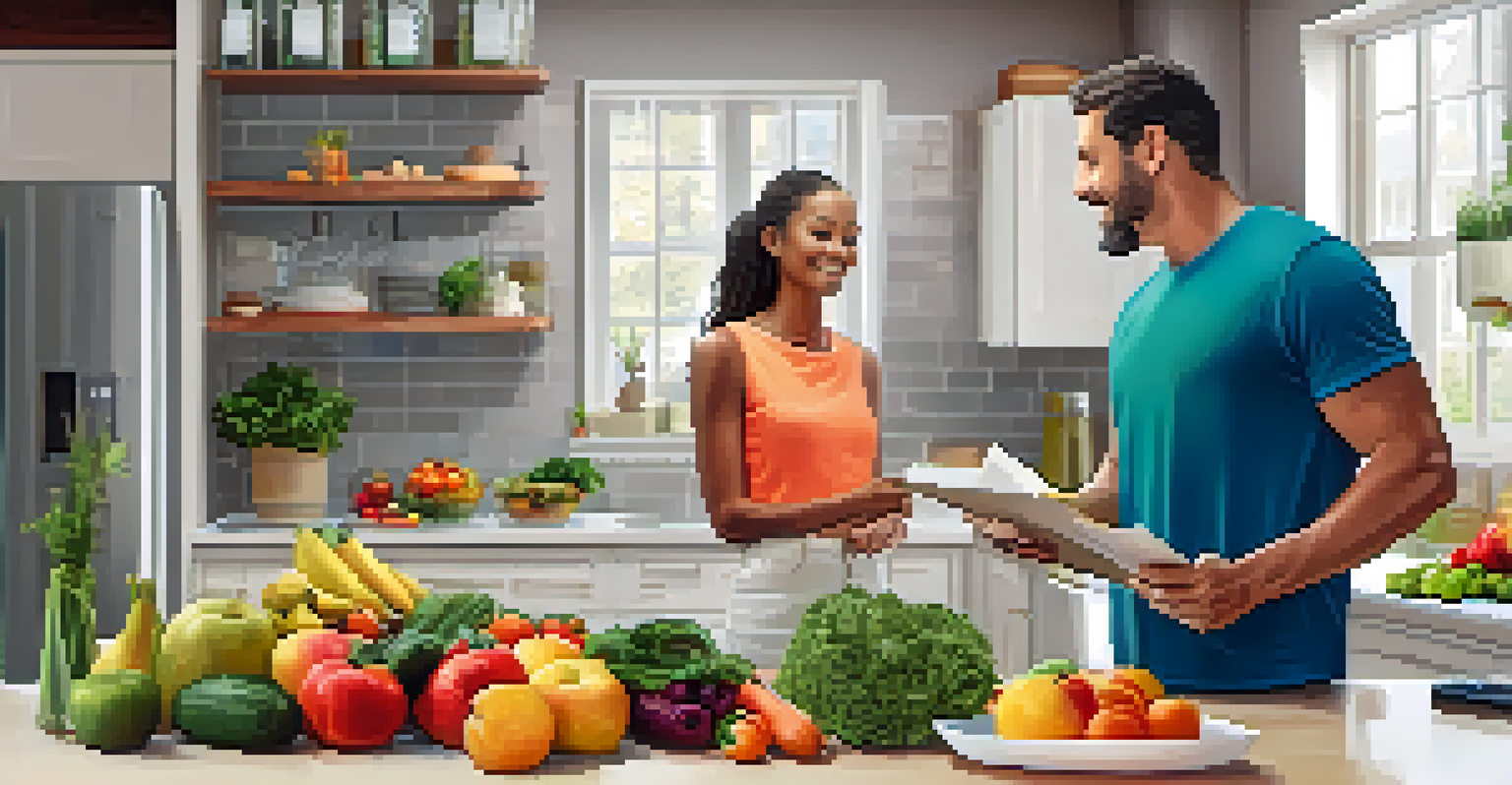A health coach and a client discussing meal prep in a bright kitchen with fresh ingredients.