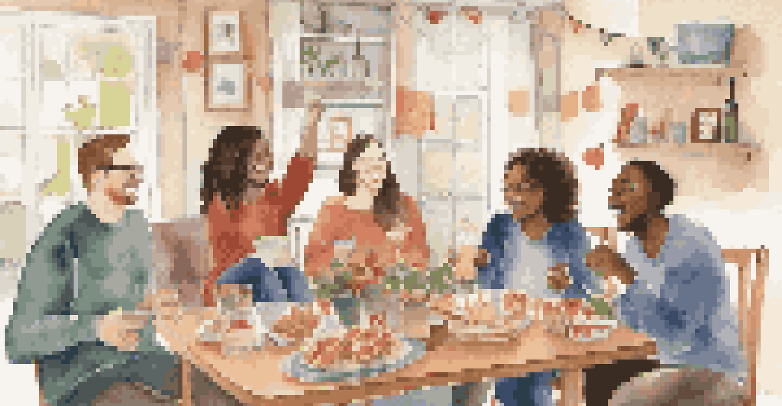 A cozy living room with friends celebrating achievements, with a banner that says 'Small Wins Matter' and a table with snacks.
