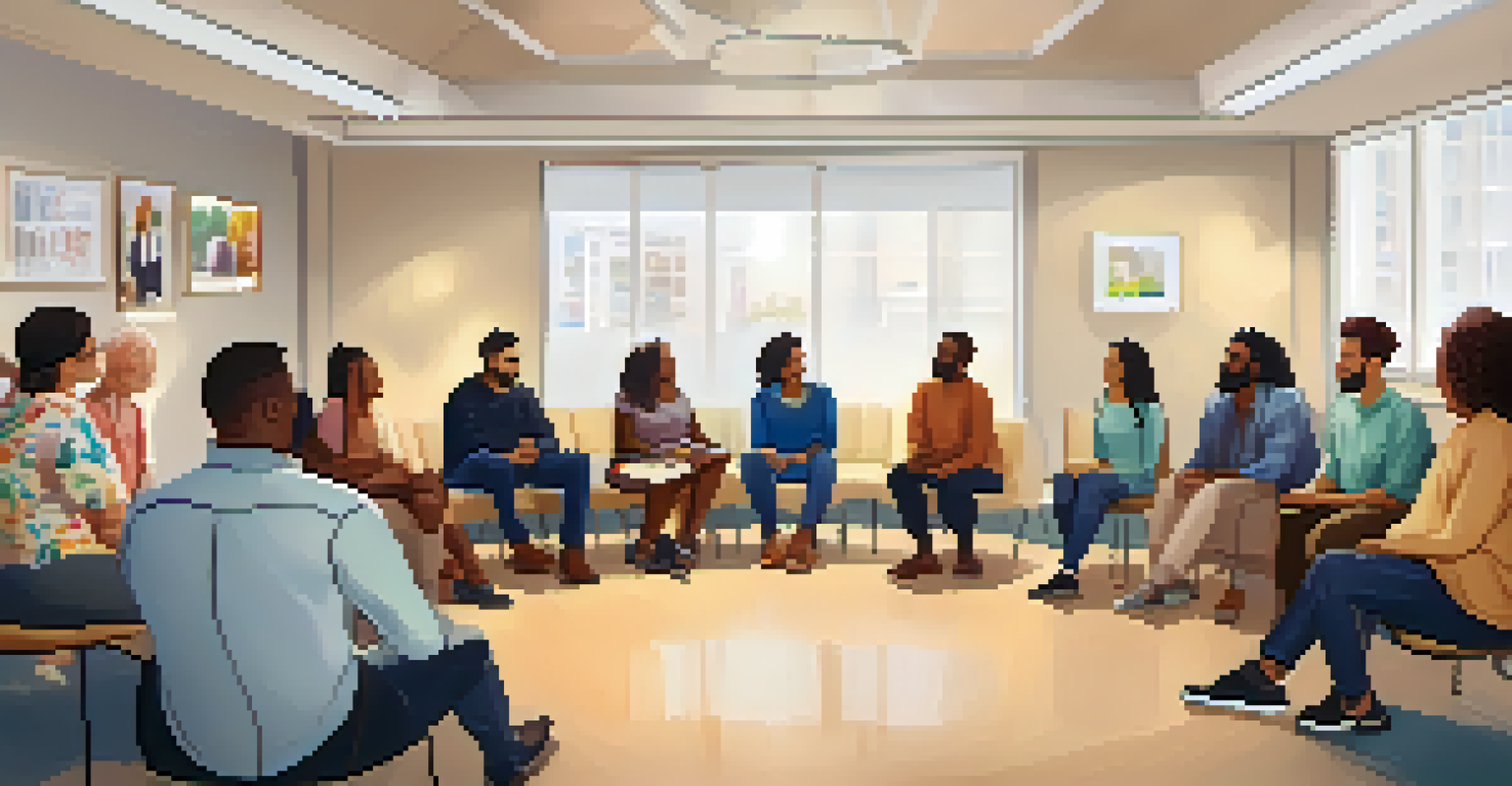 A diverse group of people sitting in a circle, sharing experiences in a bright and welcoming support group meeting room.