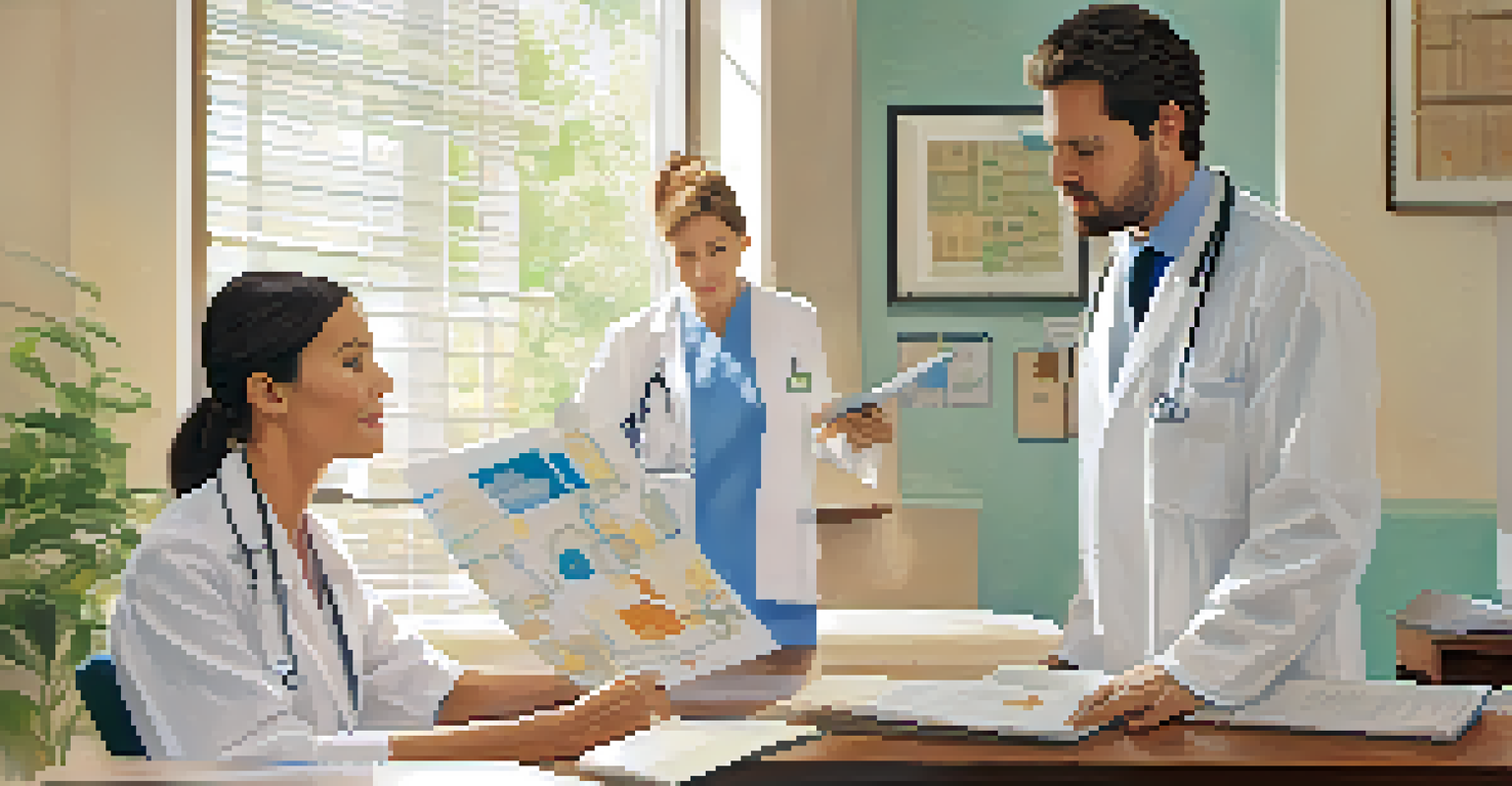A healthcare provider explaining a medical diagnosis to a patient using simple language and clear visuals in a comfortable clinic setting.