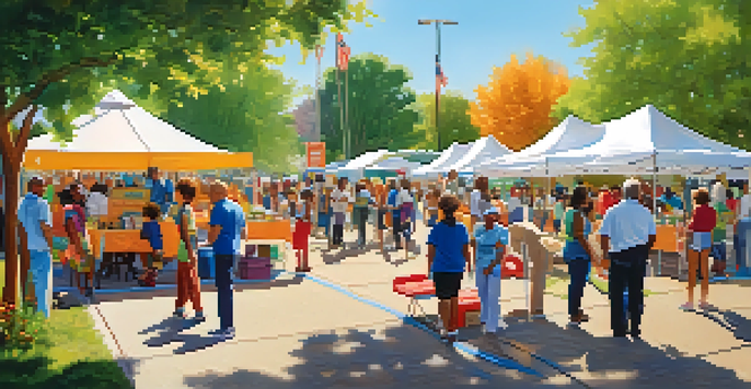 A lively community health fair with people of various backgrounds participating in health activities and engaging with health professionals.