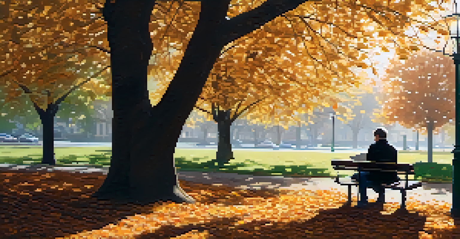 A person sitting on a park bench, journaling under a tree with sunlight filtering through the branches and fallen leaves around.