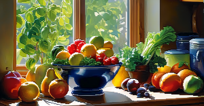 A bright kitchen filled with fresh fruits and vegetables, highlighting their vibrant colors and textures, with sunlight streaming in.