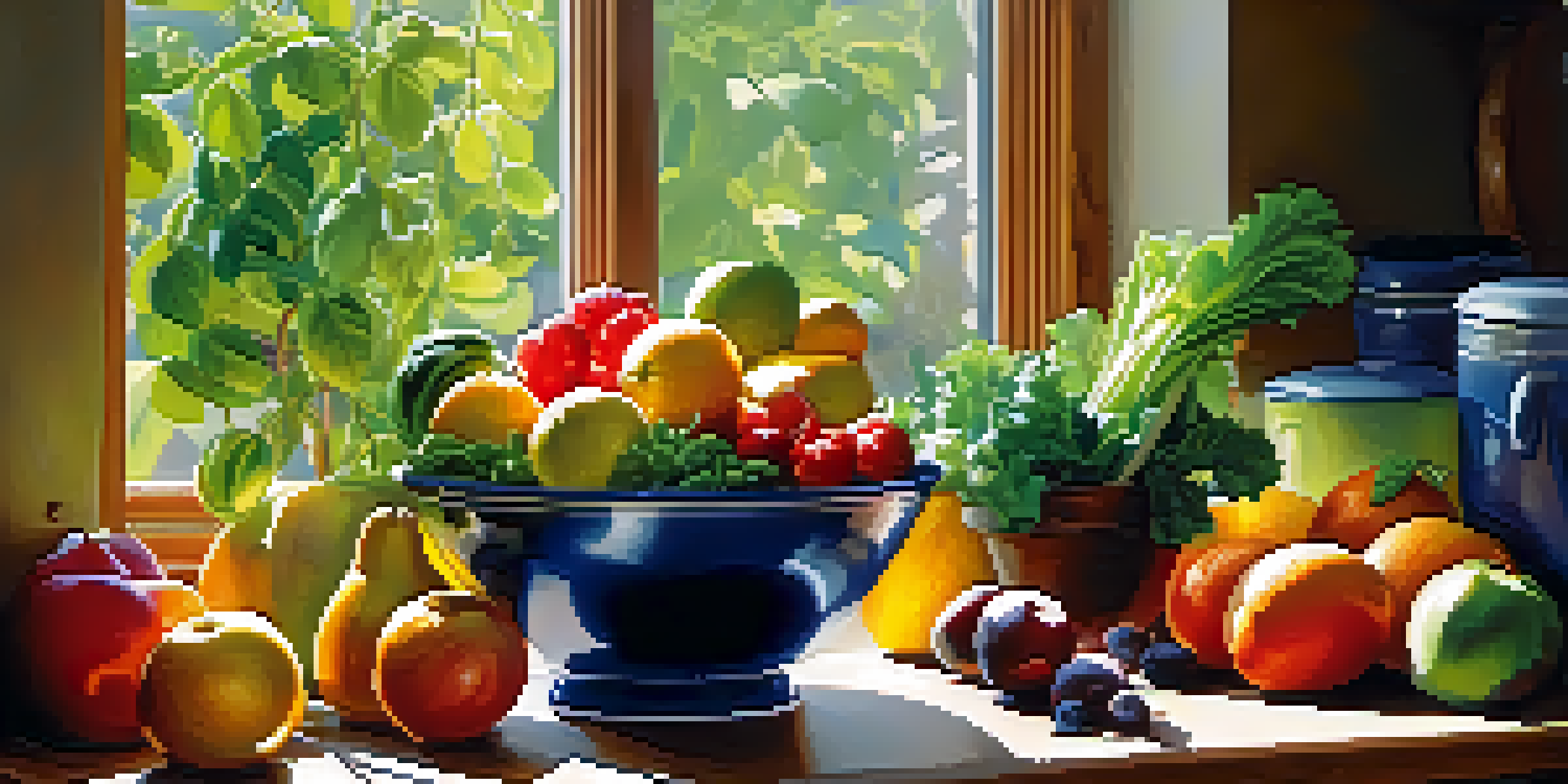A bright kitchen filled with fresh fruits and vegetables, highlighting their vibrant colors and textures, with sunlight streaming in.