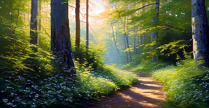 A peaceful forest with sunlight shining through the trees and a winding path surrounded by greenery and flowers.