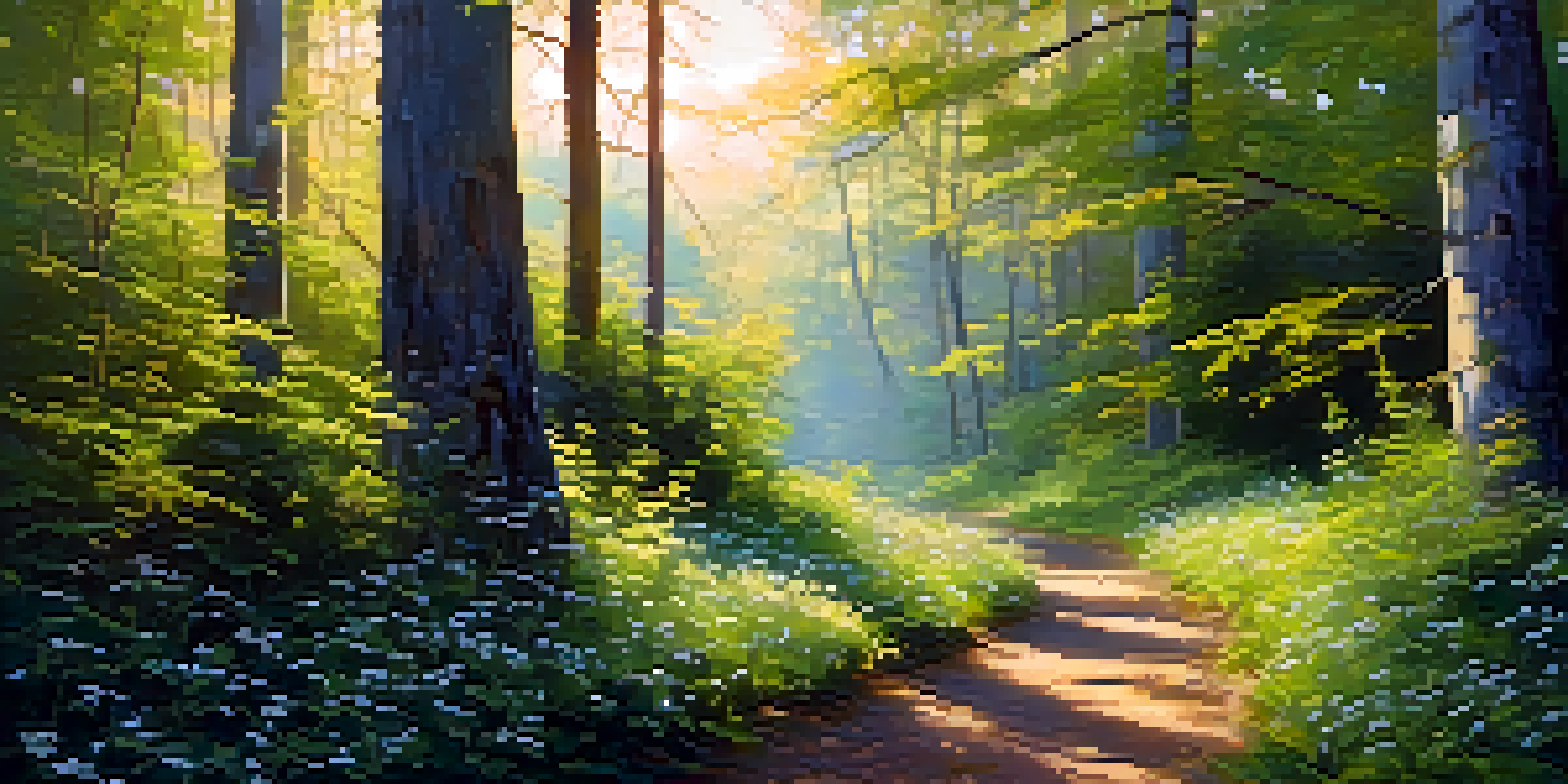 A peaceful forest with sunlight shining through the trees and a winding path surrounded by greenery and flowers.